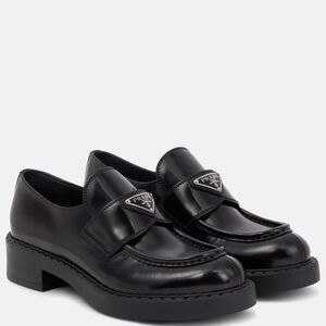 Prada Black Leather Platform Loafers with Logo Plaque